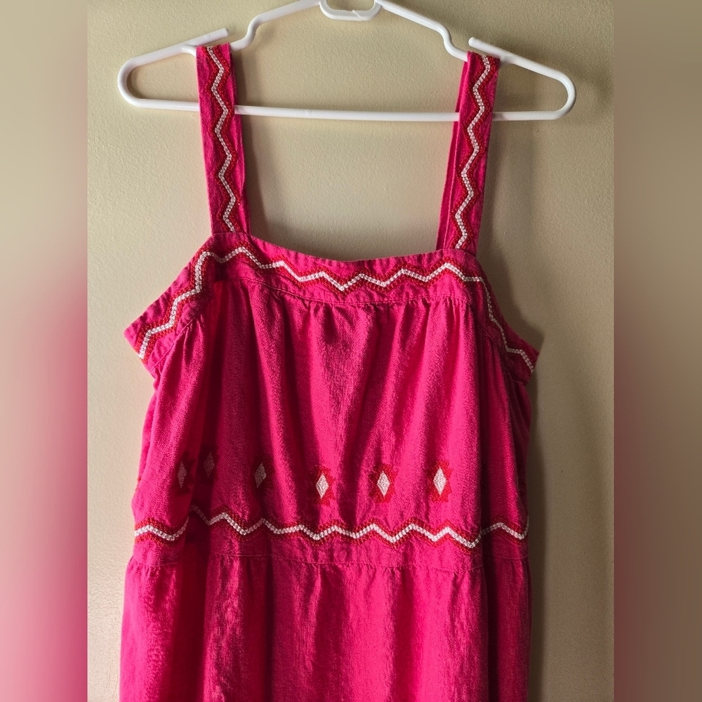 LOFT Bright Pink Midi Dress with Embroidered Tiered Square Neck Size M - Picture 4 of 7